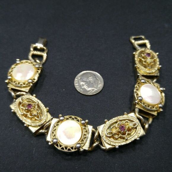 Vintage Mother of Pearl Rhinestone Box Style Link Bracelet, Distressed, 1950s - Picture 9 of 11